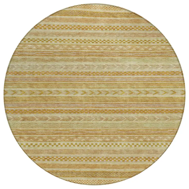 8' Salmon And Gold Round Striped Washable Indoor Outdoor Area Rug