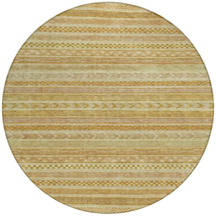 8' Salmon And Gold Round Striped Washable Indoor Outdoor Area Rug