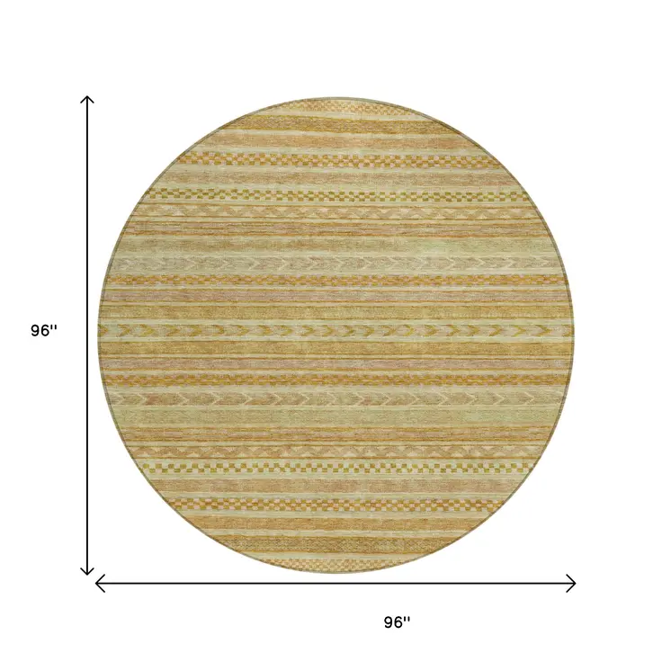 8' Salmon And Gold Round Striped Washable Indoor Outdoor Area Rug