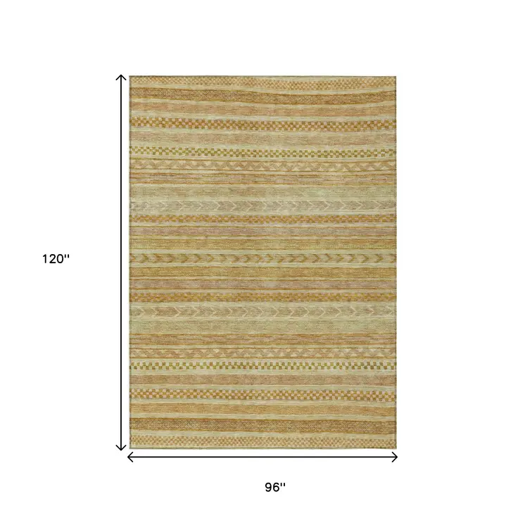 8' X 10' Salmon And Gold Striped Washable Indoor Outdoor Area Rug
