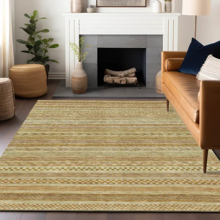 8' X 10' Salmon And Gold Striped Washable Indoor Outdoor Area Rug