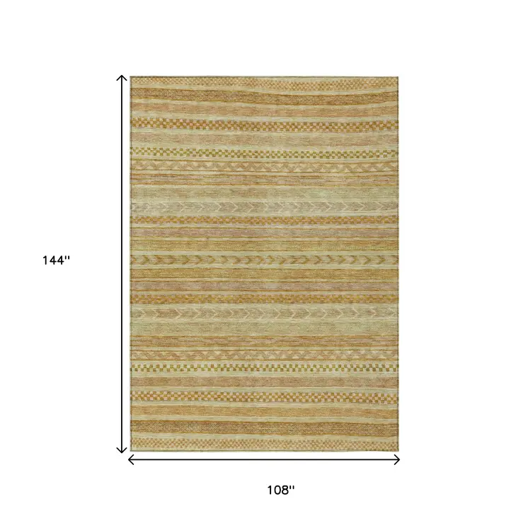 9' X 12' Salmon And Gold Striped Washable Indoor Outdoor Area Rug
