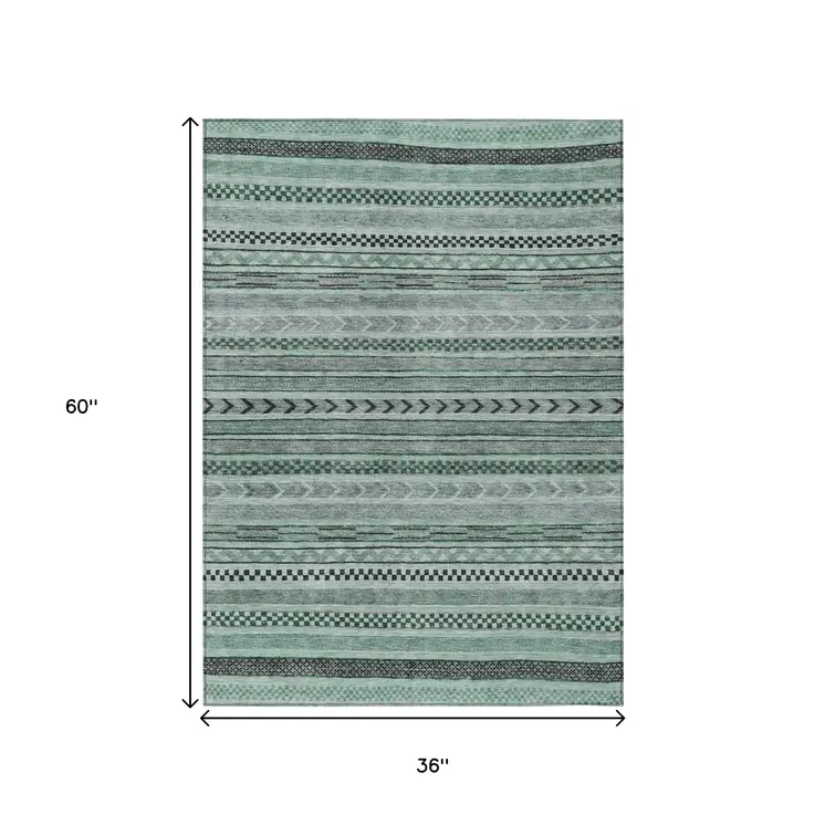 3' X 5' Teal Blue And Gray Striped Washable Indoor Outdoor Area Rug
