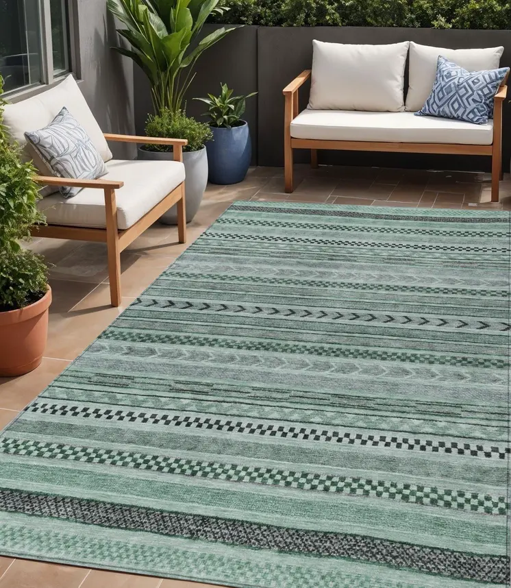 5' X 8' Teal Blue And Gray Striped Washable Indoor Outdoor Area Rug