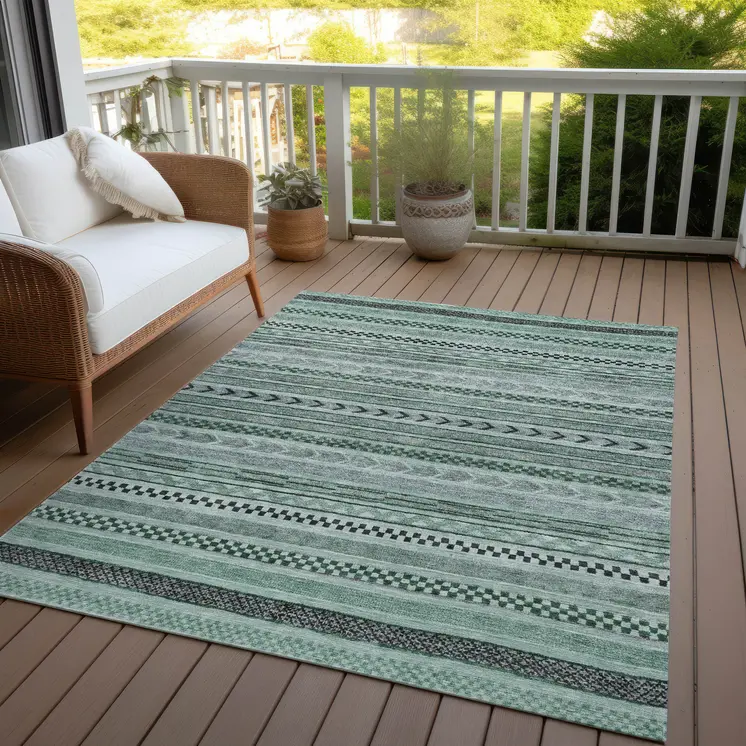 5' X 8' Teal Blue And Gray Striped Washable Indoor Outdoor Area Rug