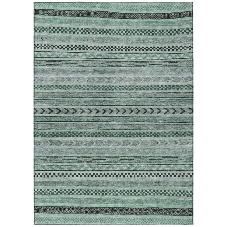5' X 8' Teal Blue And Gray Striped Washable Indoor Outdoor Area Rug