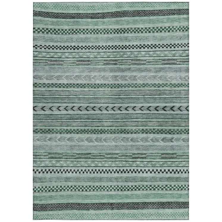 5' X 8' Teal Blue And Gray Striped Washable Indoor Outdoor Area Rug