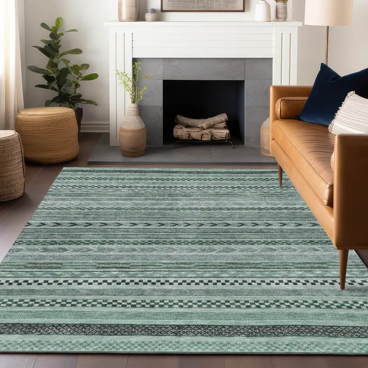 5' X 8' Teal Blue And Gray Striped Washable Indoor Outdoor Area Rug
