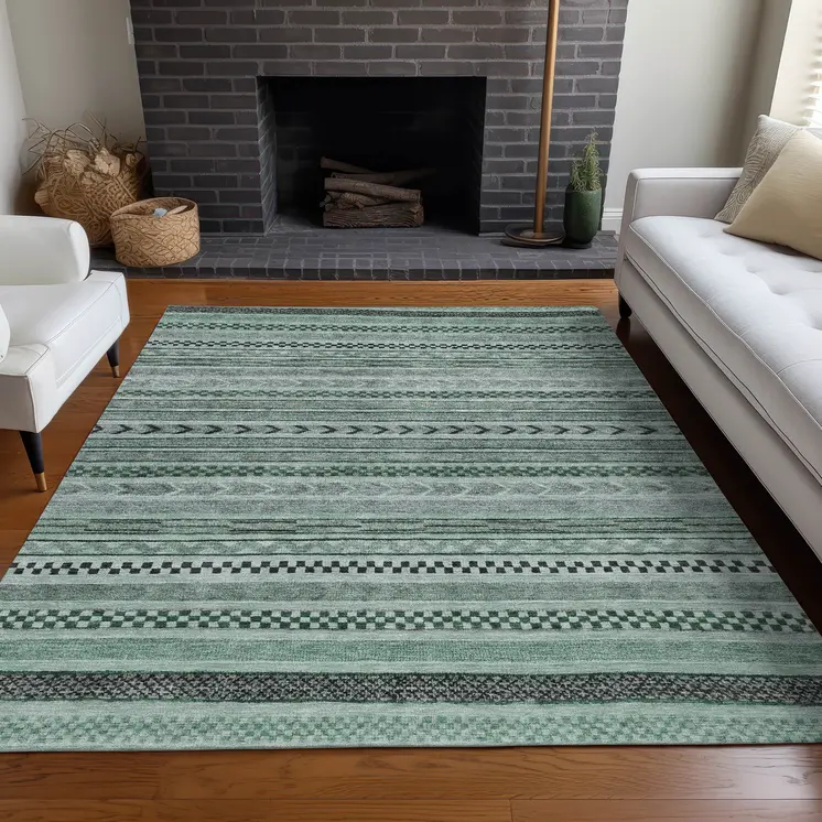5' X 8' Teal Blue And Gray Striped Washable Indoor Outdoor Area Rug