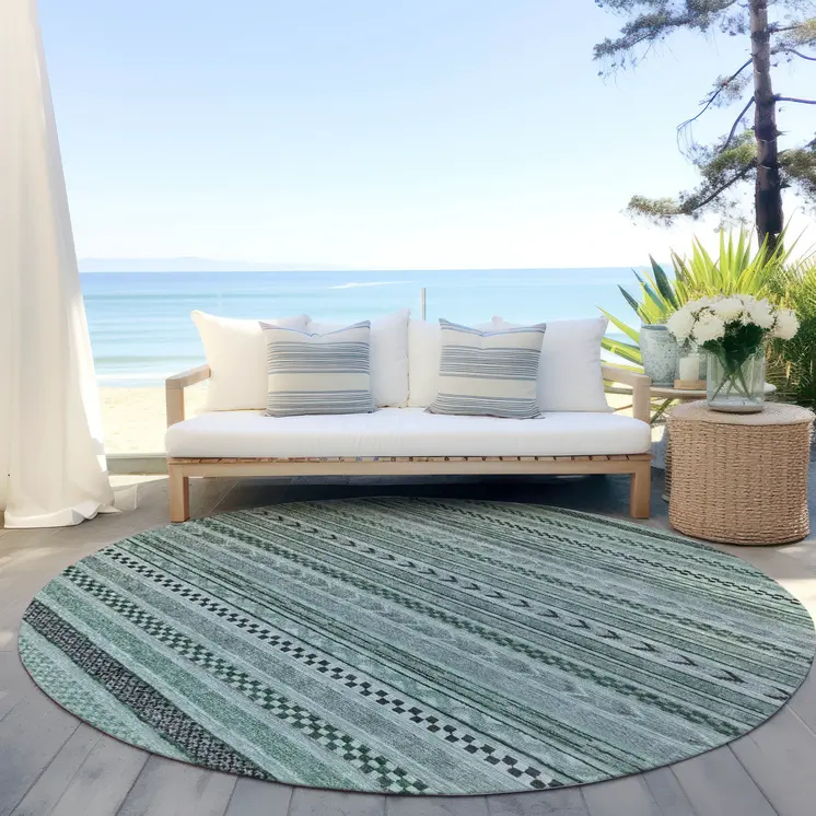 8' Teal Blue And Gray Round Striped Washable Indoor Outdoor Area Rug