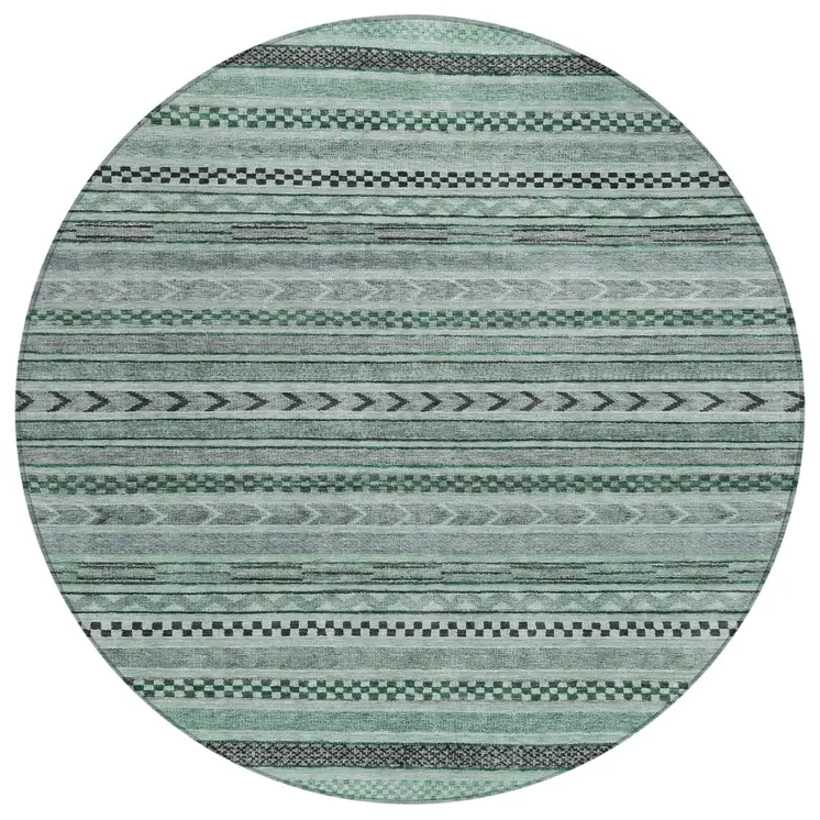 8' Teal Blue And Gray Round Striped Washable Indoor Outdoor Area Rug