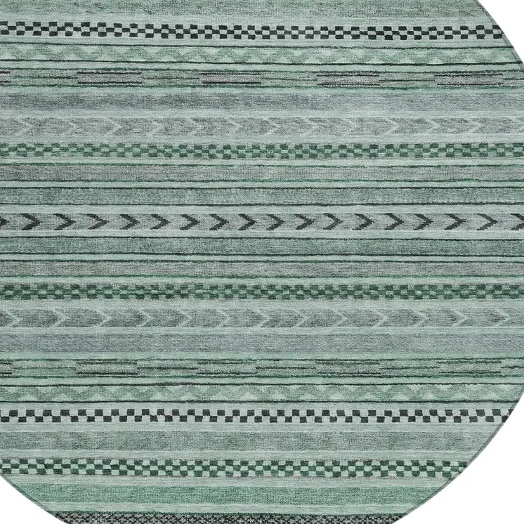 8' Teal Blue And Gray Round Striped Washable Indoor Outdoor Area Rug