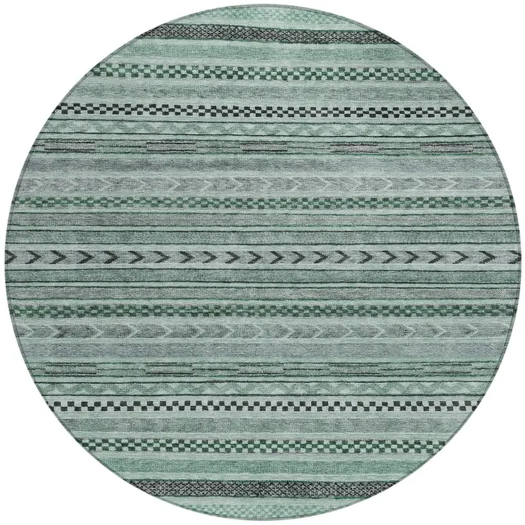 8' Teal Blue And Gray Round Striped Washable Indoor Outdoor Area Rug