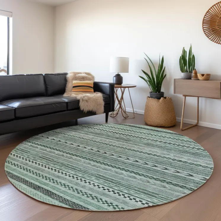 8' Teal Blue And Gray Round Striped Washable Indoor Outdoor Area Rug