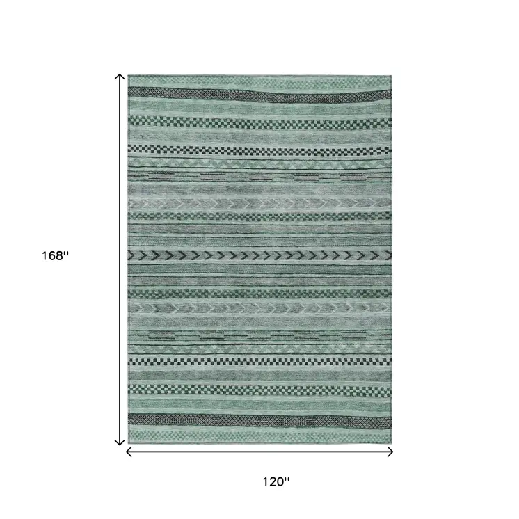 10' X 14' Teal Blue And Gray Striped Washable Indoor Outdoor Area Rug