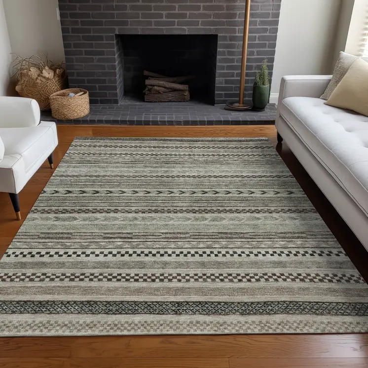 5' X 8' Taupe And Brown Striped Washable Indoor Outdoor Area Rug