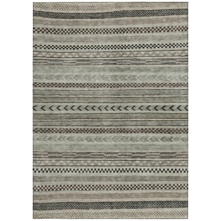 9' X 12' Taupe And Brown Striped Washable Indoor Outdoor Area Rug
