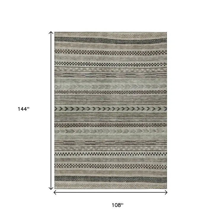 9' X 12' Taupe And Brown Striped Washable Indoor Outdoor Area Rug