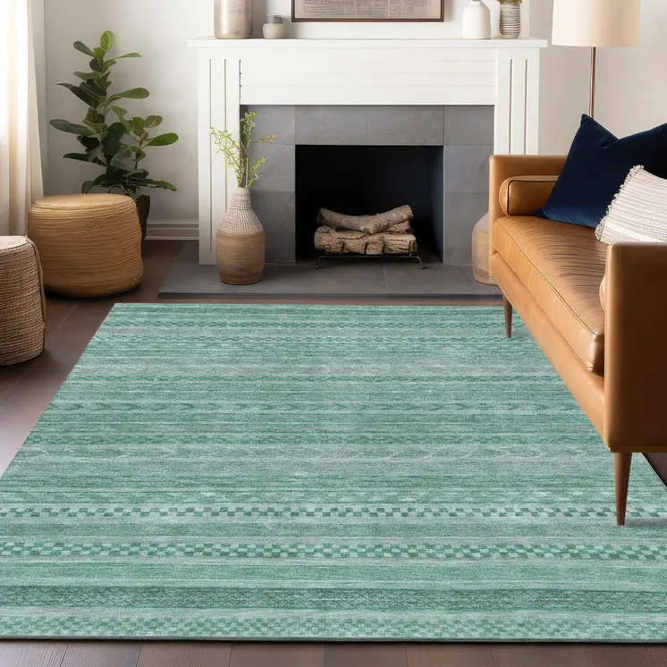 3' X 5' Turquoise And Aqua Striped Washable Indoor Outdoor Area Rug