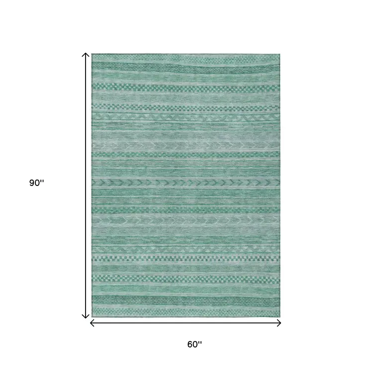 5' X 8' Turquoise And Aqua Striped Washable Indoor Outdoor Area Rug
