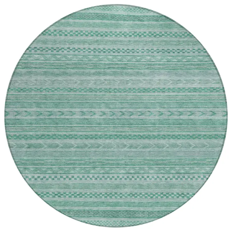 8' Turquoise And Aqua Round Striped Washable Indoor Outdoor Area Rug