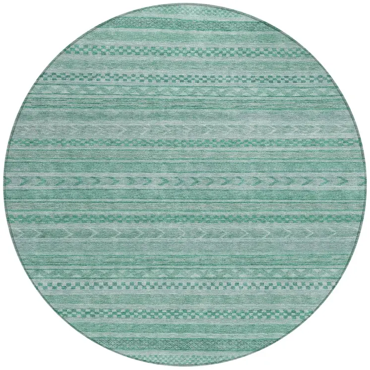8' Turquoise And Aqua Round Striped Washable Indoor Outdoor Area Rug