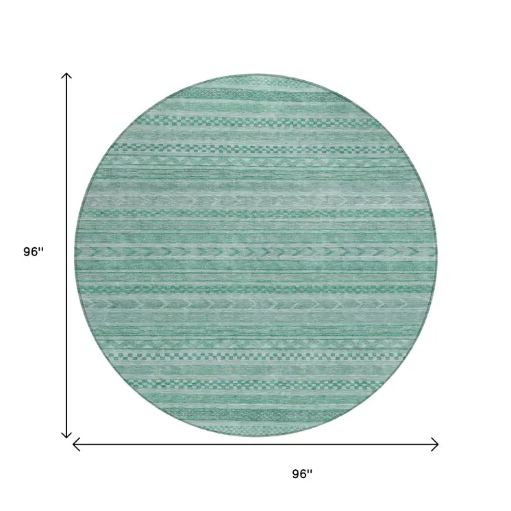8' Turquoise And Aqua Round Striped Washable Indoor Outdoor Area Rug