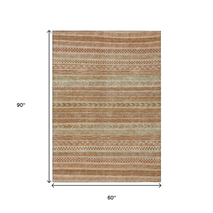 5' X 8' Terra Cotta And Rust Striped Washable Indoor Outdoor Area Rug