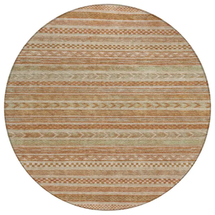 8' Terra Cotta And Rust Round Striped Washable Indoor Outdoor Area Rug