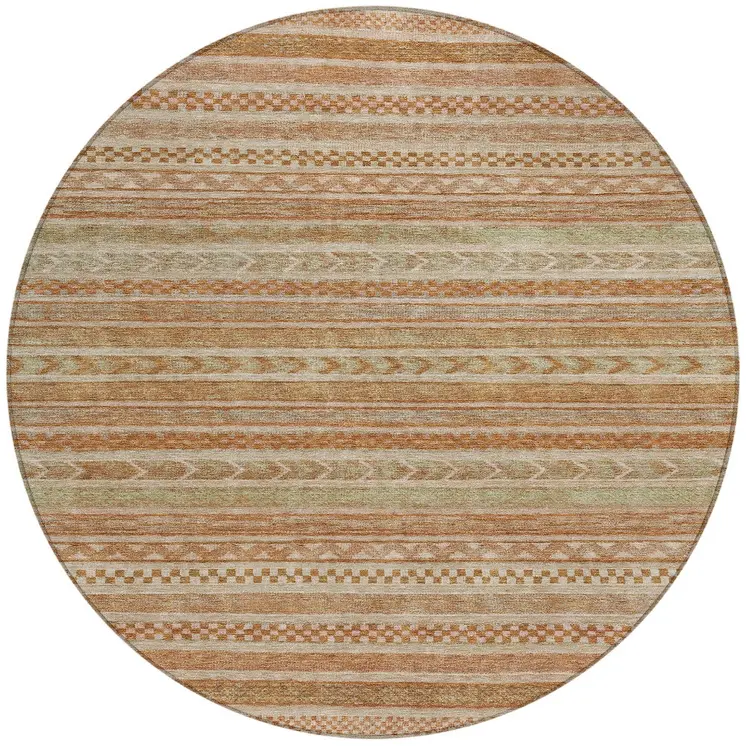 8' Terra Cotta And Rust Round Striped Washable Indoor Outdoor Area Rug