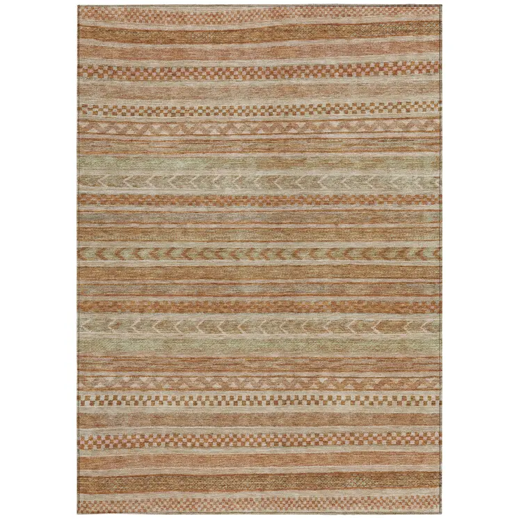 8' X 10' Terra Cotta And Rust Striped Washable Indoor Outdoor Area Rug