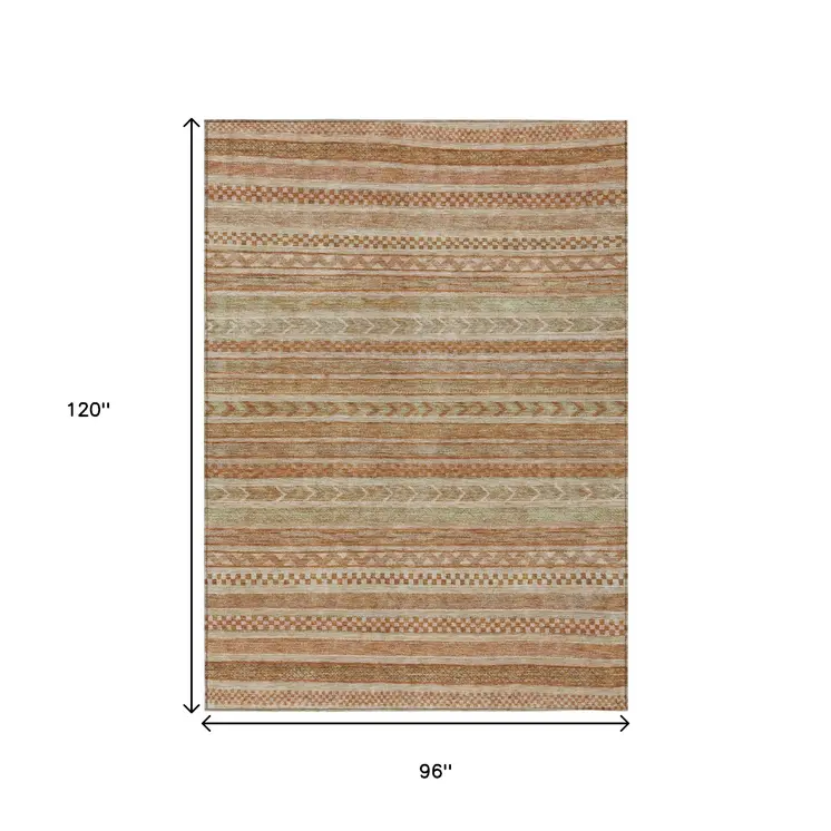 8' X 10' Terra Cotta And Rust Striped Washable Indoor Outdoor Area Rug