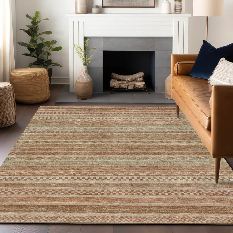 8' X 10' Terra Cotta And Rust Striped Washable Indoor Outdoor Area Rug