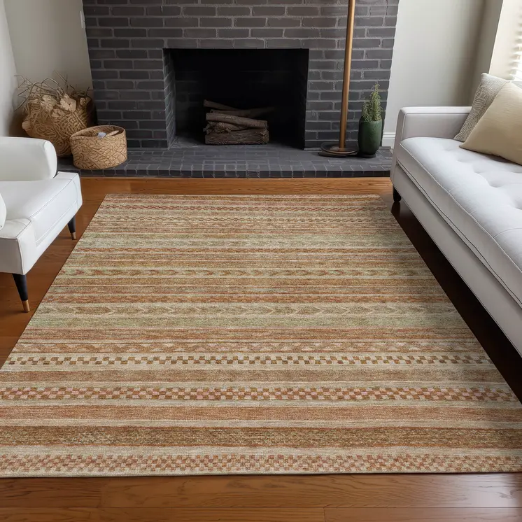 9' X 12' Terra Cotta And Rust Striped Washable Indoor Outdoor Area Rug