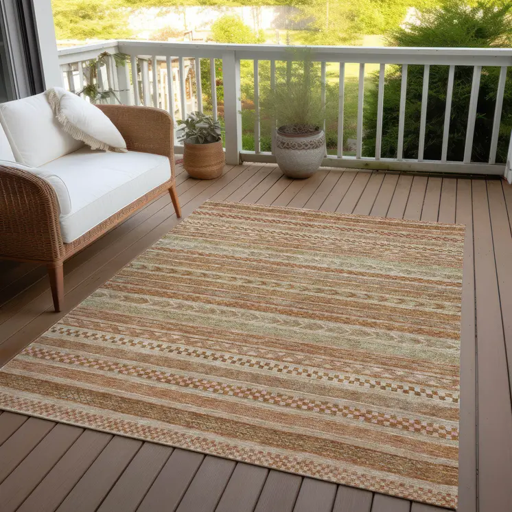 10' X 14' Terra Cotta And Rust Striped Washable Indoor Outdoor Area Rug