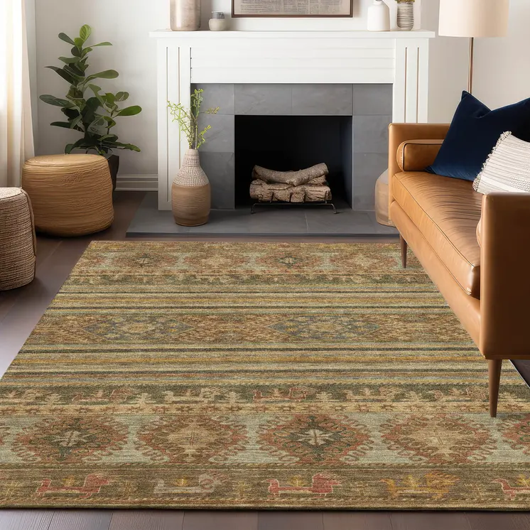3' X 5' Beige Taupe And Gold Tribal Washable Indoor Outdoor Area Rug