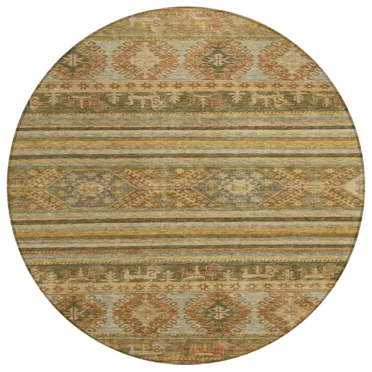 8' Beige Taupe And Gold Round Tribal Washable Indoor Outdoor Area Rug