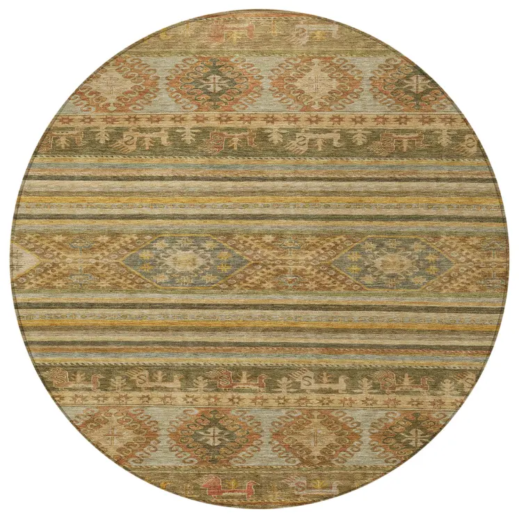 8' Beige Taupe And Gold Round Tribal Washable Indoor Outdoor Area Rug