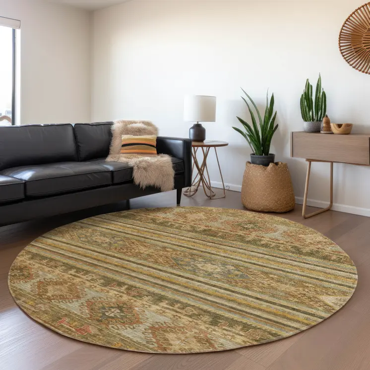 8' Beige Taupe And Gold Round Tribal Washable Indoor Outdoor Area Rug