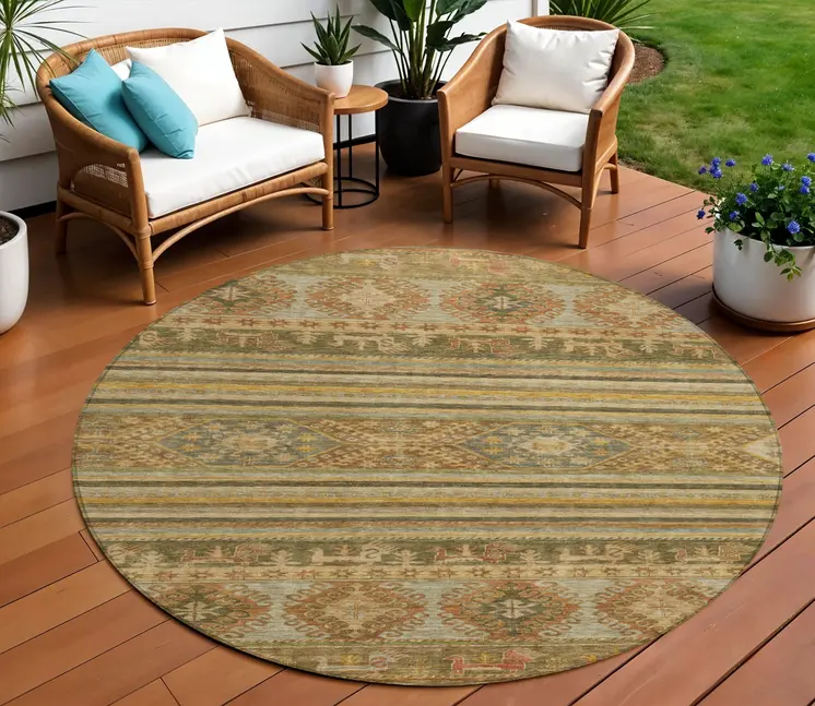 8' Beige Taupe And Gold Round Tribal Washable Indoor Outdoor Area Rug