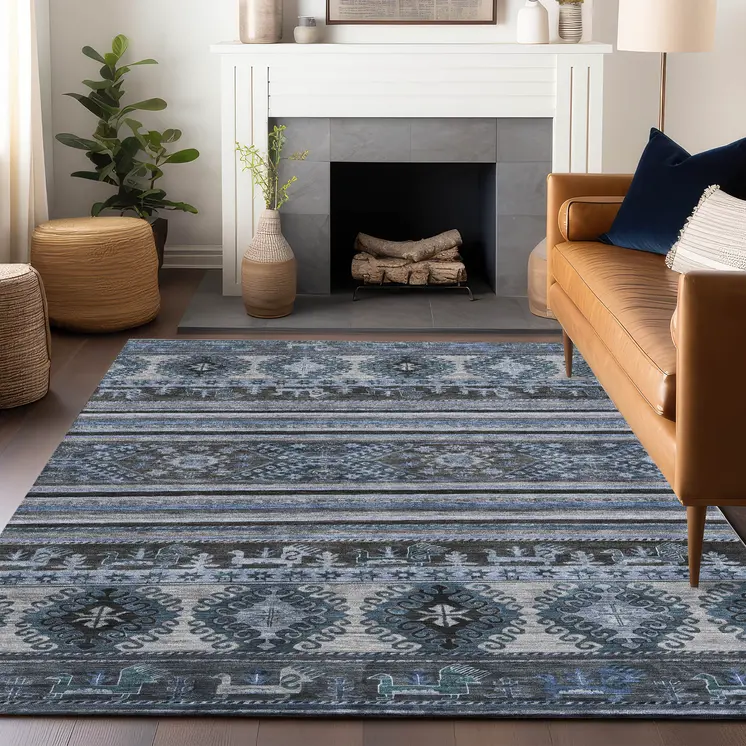 5' X 8' Blue Gray And Charcoal Tribal Washable Indoor Outdoor Area Rug