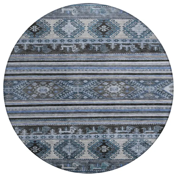 8' Blue Gray And Charcoal Round Tribal Washable Indoor Outdoor Area Rug