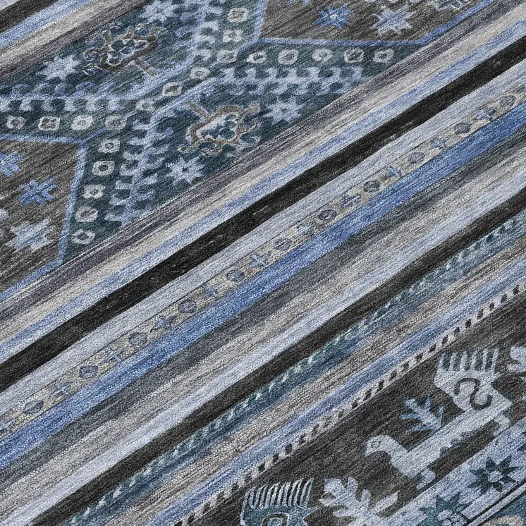 8' Blue Gray And Charcoal Round Tribal Washable Indoor Outdoor Area Rug