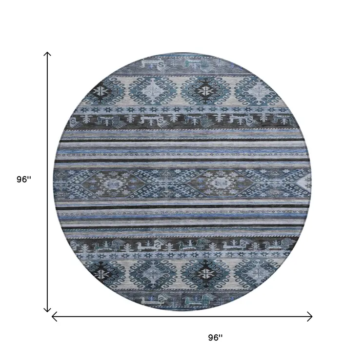 8' Blue Gray And Charcoal Round Tribal Washable Indoor Outdoor Area Rug