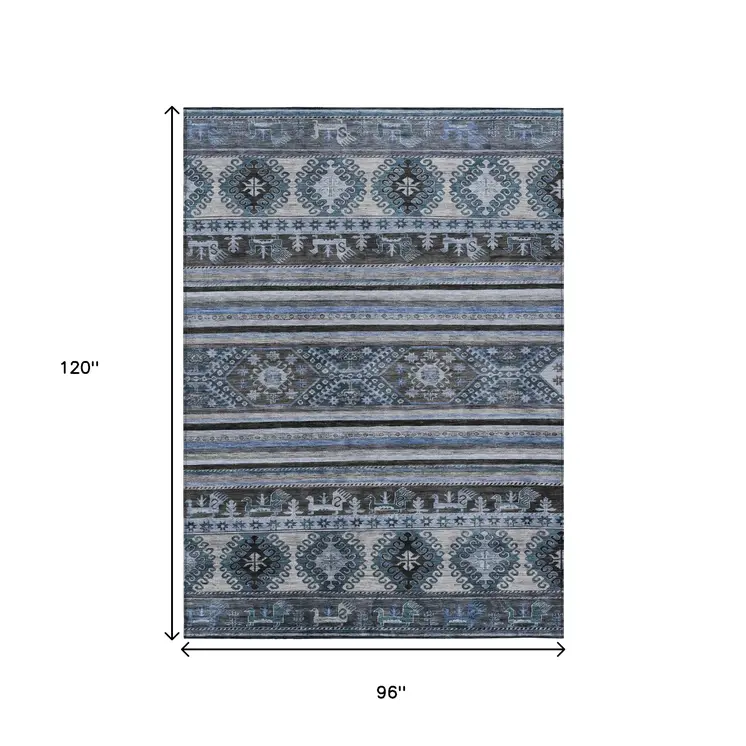 8' X 10' Blue Gray And Charcoal Tribal Washable Indoor Outdoor Area Rug