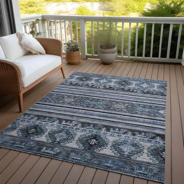8' X 10' Blue Gray And Charcoal Tribal Washable Indoor Outdoor Area Rug