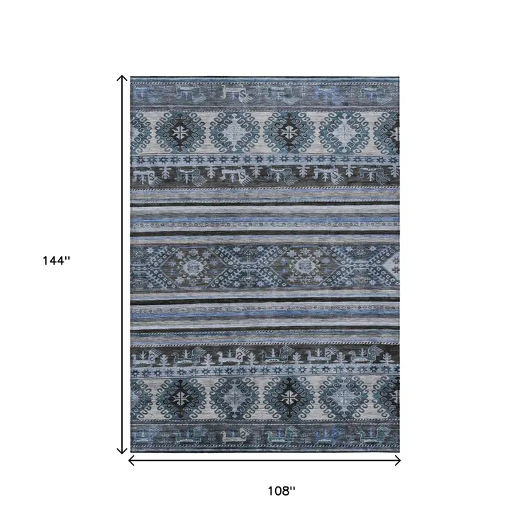 9' X 12' Blue Gray And Charcoal Tribal Washable Indoor Outdoor Area Rug