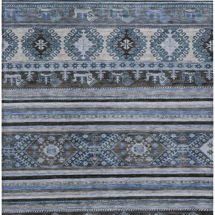 10' X 14' Blue Gray And Charcoal Tribal Washable Indoor Outdoor Area Rug