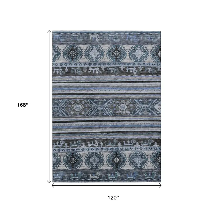 10' X 14' Blue Gray And Charcoal Tribal Washable Indoor Outdoor Area Rug