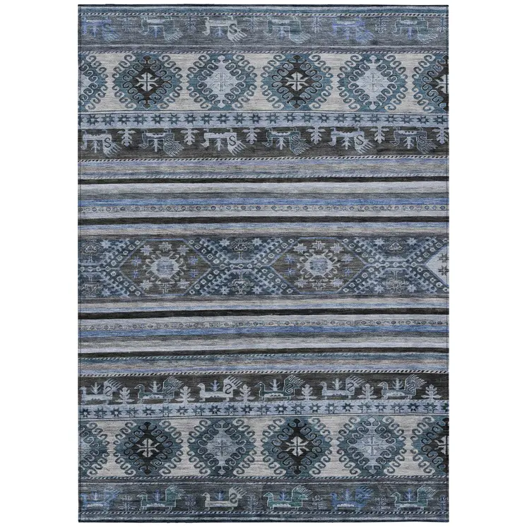 10' X 14' Blue Gray And Charcoal Tribal Washable Indoor Outdoor Area Rug